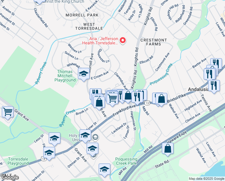map of restaurants, bars, coffee shops, grocery stores, and more near 3705 Daner Lane in Philadelphia