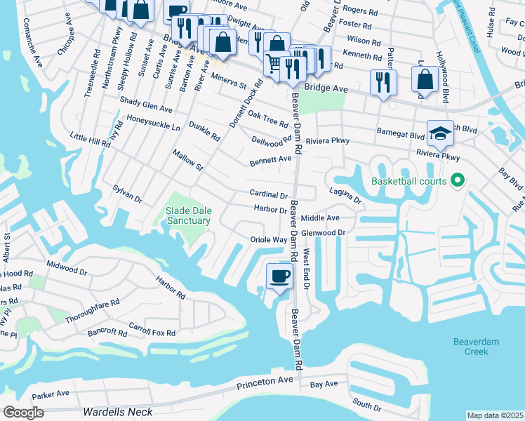 map of restaurants, bars, coffee shops, grocery stores, and more near 2310 Harbor Drive in Point Pleasant