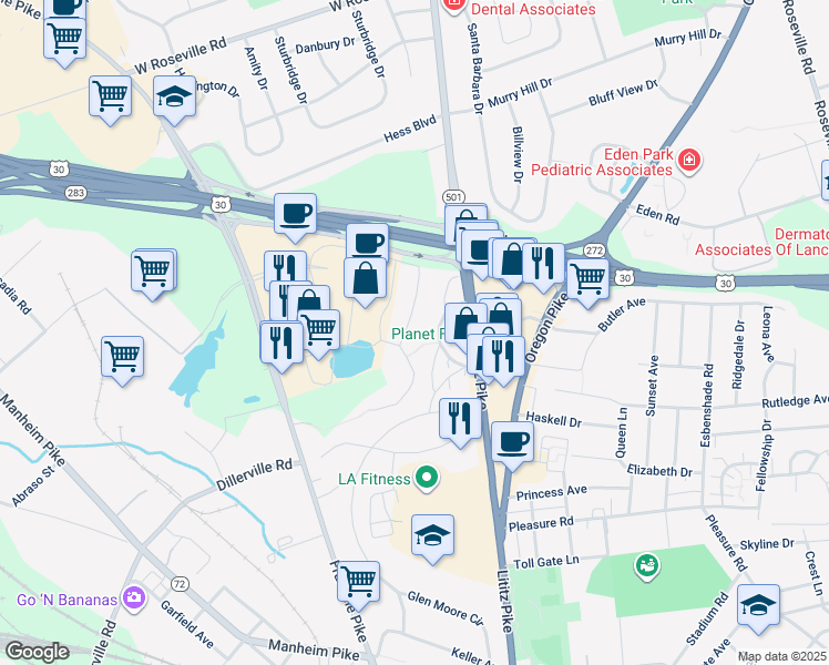 map of restaurants, bars, coffee shops, grocery stores, and more near 3 Mayer Place in Lancaster