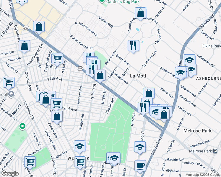 map of restaurants, bars, coffee shops, grocery stores, and more near 1711 West Cheltenham Avenue in Elkins Park