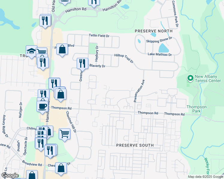 map of restaurants, bars, coffee shops, grocery stores, and more near 6194 Brickside Drive in New Albany