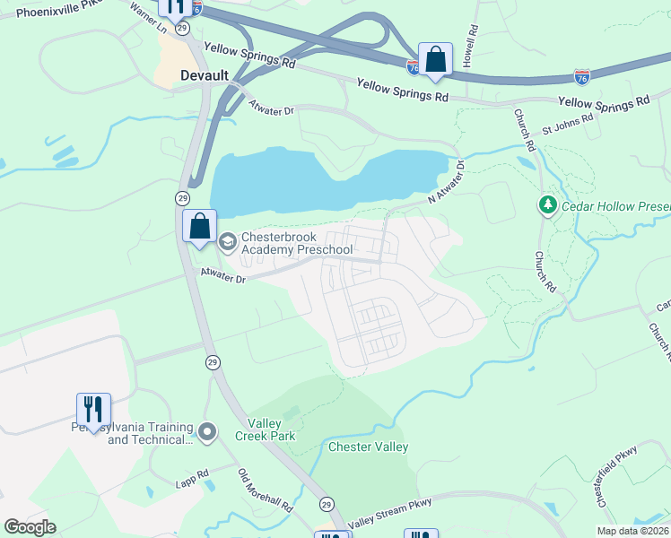 map of restaurants, bars, coffee shops, grocery stores, and more near 208 Patriots Path in Malvern