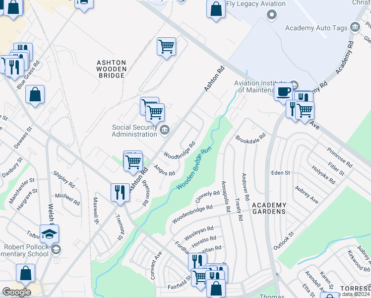 map of restaurants, bars, coffee shops, grocery stores, and more near 9424 Woodbridge Road in Philadelphia