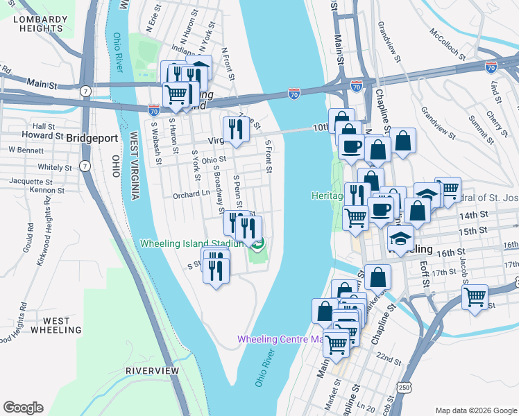 map of restaurants, bars, coffee shops, grocery stores, and more near 98 Iowa St in Wheeling