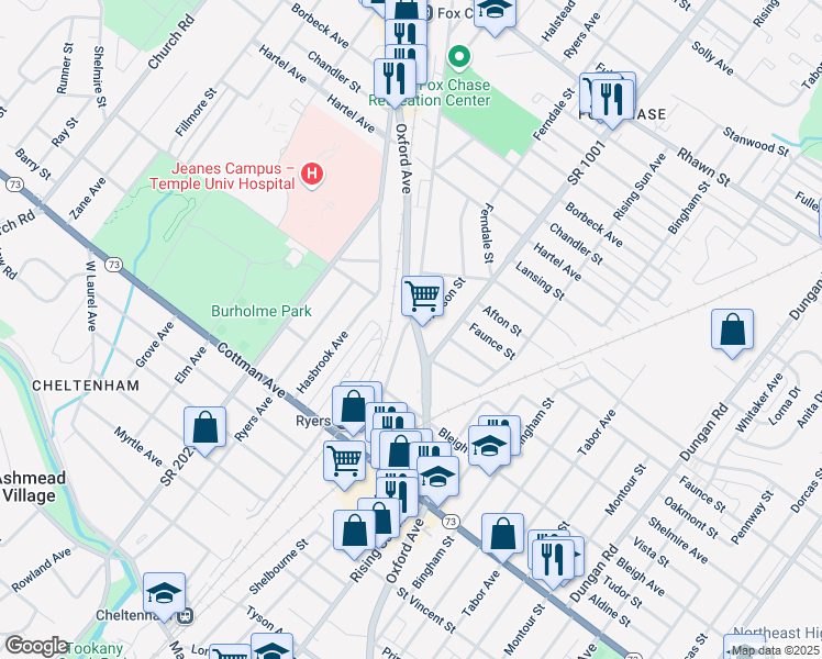 map of restaurants, bars, coffee shops, grocery stores, and more near 7492 Oxford Avenue in Philadelphia