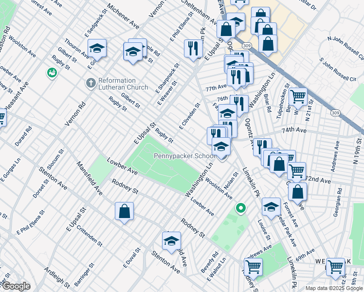 map of restaurants, bars, coffee shops, grocery stores, and more near 7529 Rugby Street in Philadelphia