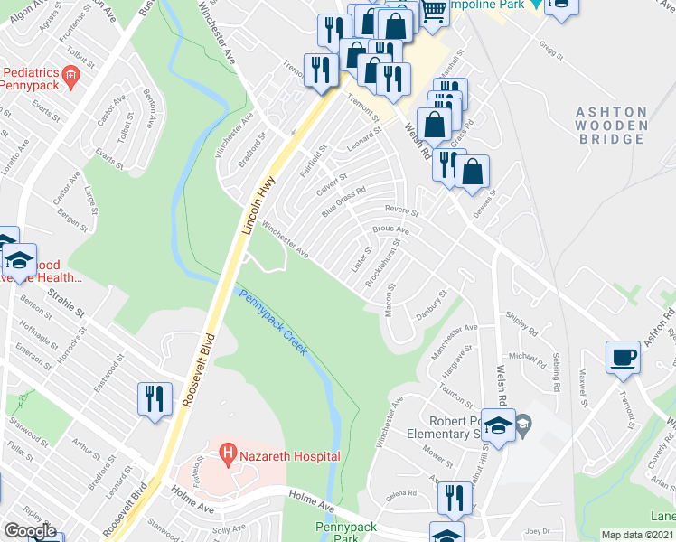 map of restaurants, bars, coffee shops, grocery stores, and more near 8803 Brous Avenue in Philadelphia