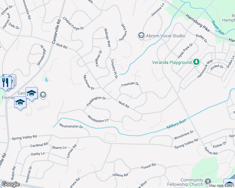 map of restaurants, bars, coffee shops, grocery stores, and more near 110 Winding Hill Drive in Lancaster