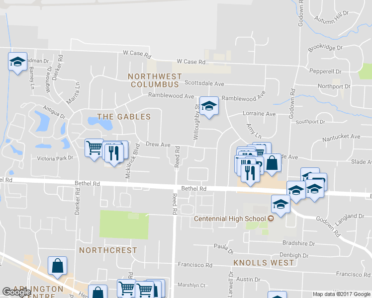 map of restaurants, bars, coffee shops, grocery stores, and more near 5391 Shannon Lane in Columbus