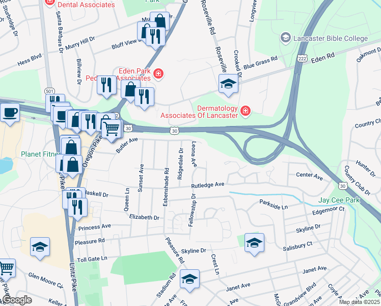 map of restaurants, bars, coffee shops, grocery stores, and more near 1662 Leona Avenue in Lancaster