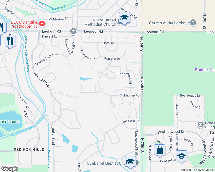 map of restaurants, bars, coffee shops, grocery stores, and more near 5049 Coventry Court in Boulder