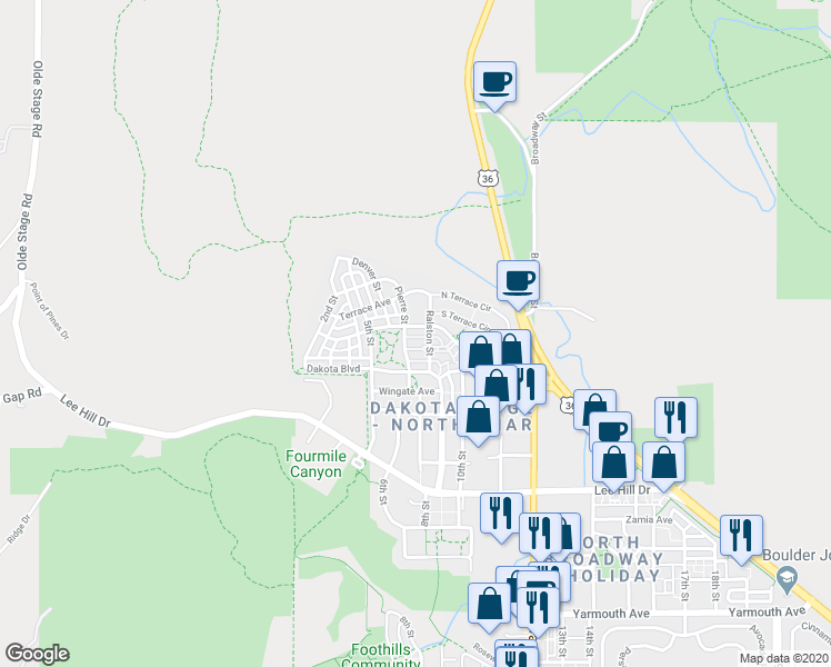 map of restaurants, bars, coffee shops, grocery stores, and more near 670 Laramie Boulevard in Boulder