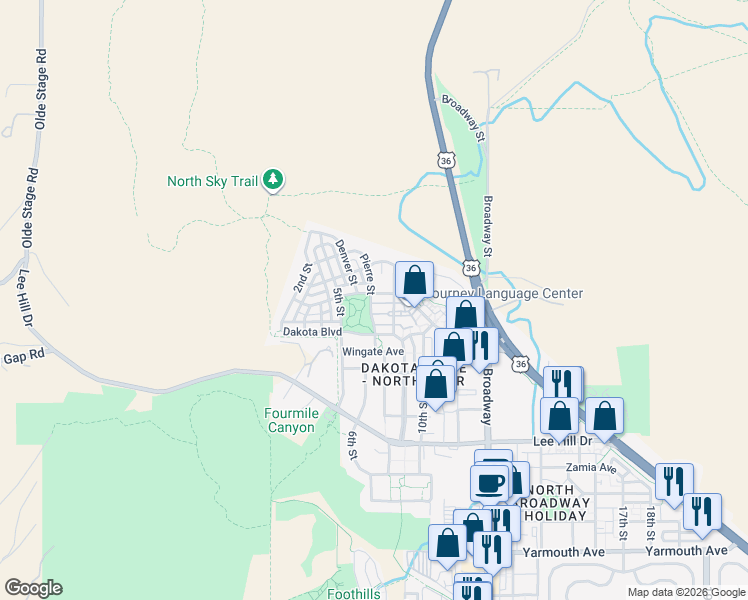 map of restaurants, bars, coffee shops, grocery stores, and more near 670 Laramie Boulevard in Boulder