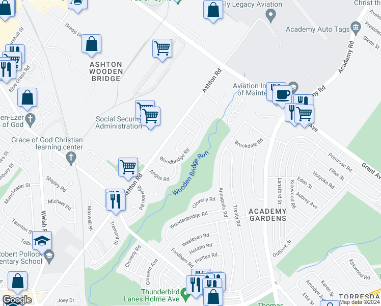 map of restaurants, bars, coffee shops, grocery stores, and more near 9424 Woodbridge Road in Philadelphia