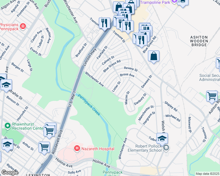 map of restaurants, bars, coffee shops, grocery stores, and more near 8803 Brous Avenue in Philadelphia