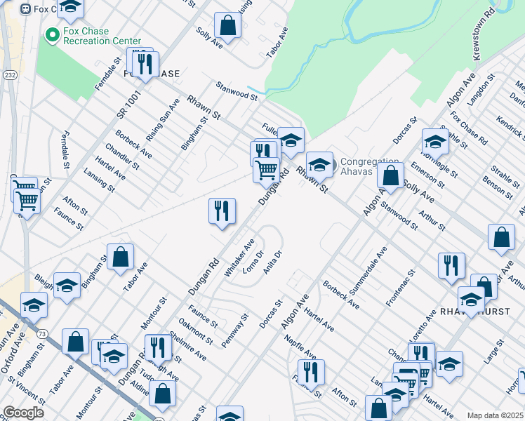 map of restaurants, bars, coffee shops, grocery stores, and more near 7913 Dungan Road in Philadelphia
