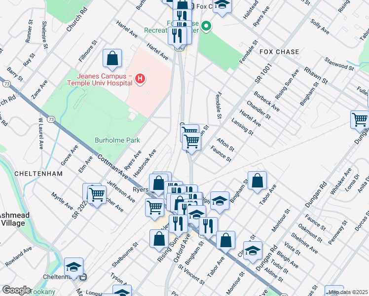map of restaurants, bars, coffee shops, grocery stores, and more near 7492 Oxford Avenue in Philadelphia
