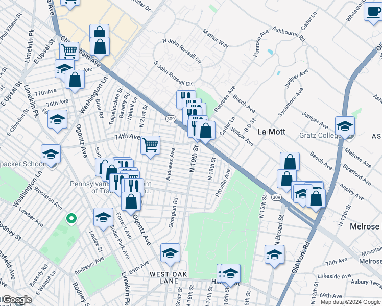 map of restaurants, bars, coffee shops, grocery stores, and more near 7334 North 19th Street in Philadelphia