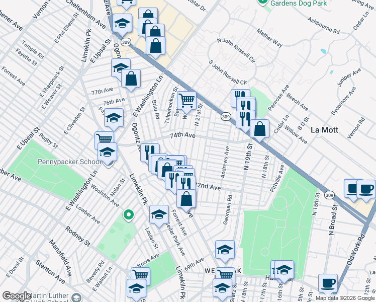 map of restaurants, bars, coffee shops, grocery stores, and more near 7319 North 21st Street in Philadelphia