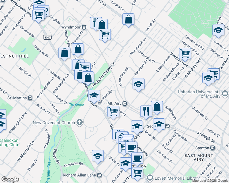 map of restaurants, bars, coffee shops, grocery stores, and more near 7447 Devon Street in Philadelphia