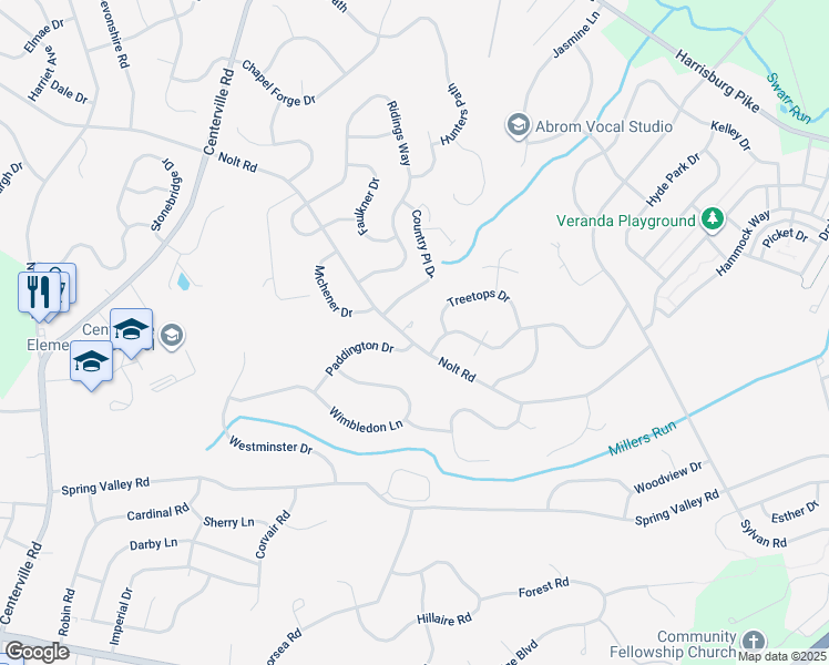 map of restaurants, bars, coffee shops, grocery stores, and more near 800 Paddington Drive in Lancaster