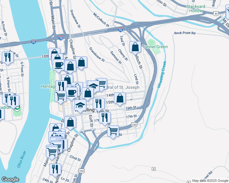 map of restaurants, bars, coffee shops, grocery stores, and more near 121 14th St in Wheeling