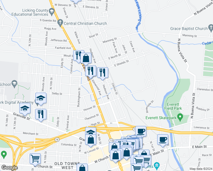 map of restaurants, bars, coffee shops, grocery stores, and more near 305 Hudson Avenue in Newark
