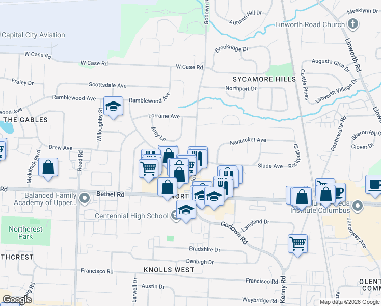 map of restaurants, bars, coffee shops, grocery stores, and more near 5430 Godown Road in Columbus