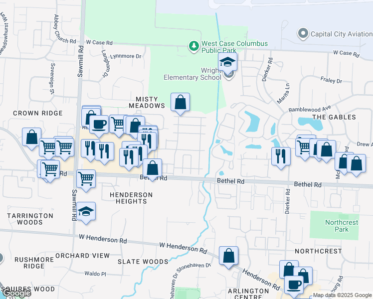 map of restaurants, bars, coffee shops, grocery stores, and more near 2514 Gardenia Drive in Columbus