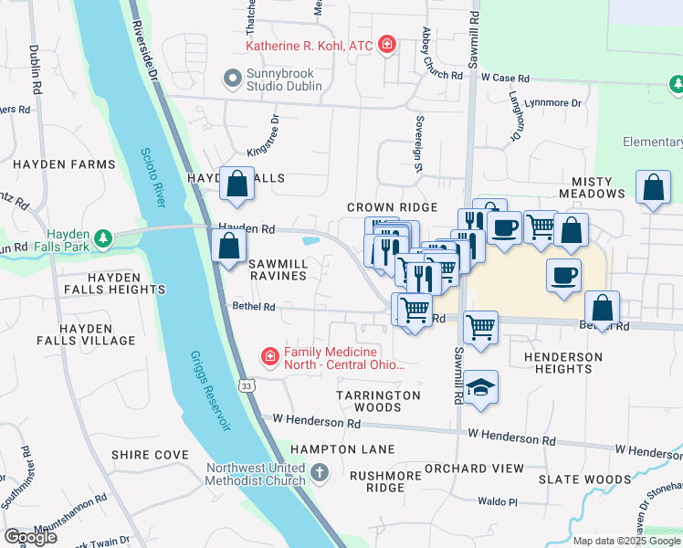 map of restaurants, bars, coffee shops, grocery stores, and more near 3011 Hayden Road in Columbus