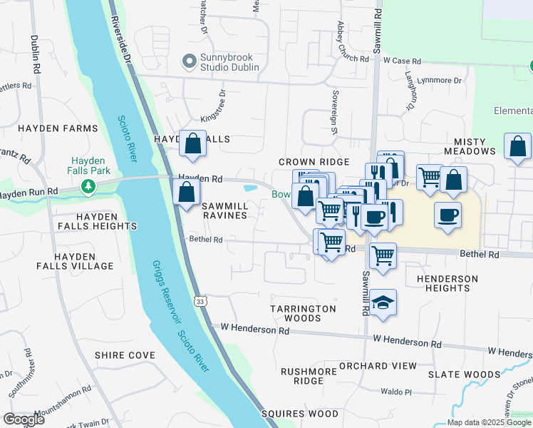 map of restaurants, bars, coffee shops, grocery stores, and more near 5476 Kenneylane Boulevard in Columbus