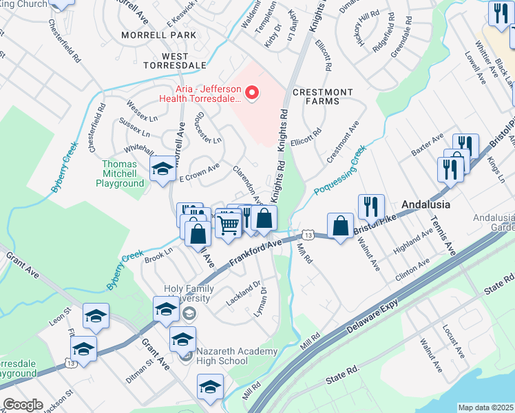 map of restaurants, bars, coffee shops, grocery stores, and more near 3750 Clarendon Avenue in Philadelphia