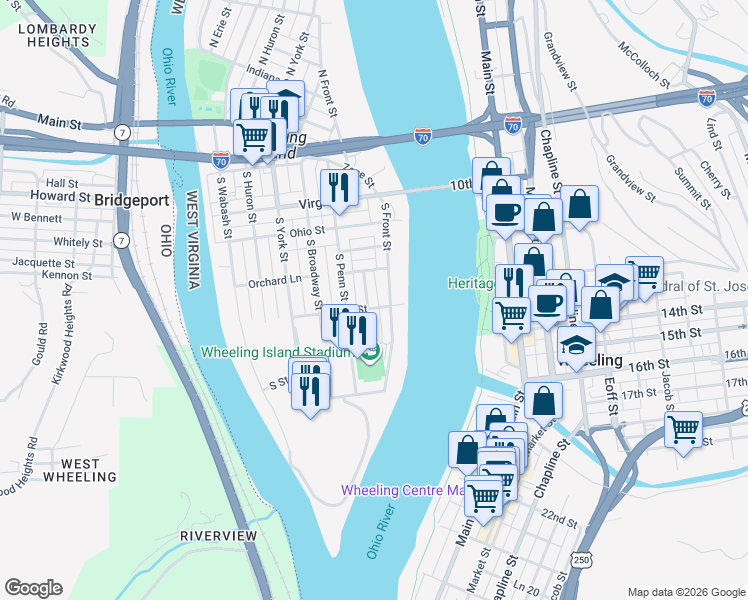 map of restaurants, bars, coffee shops, grocery stores, and more near 98 Iowa St in Wheeling
