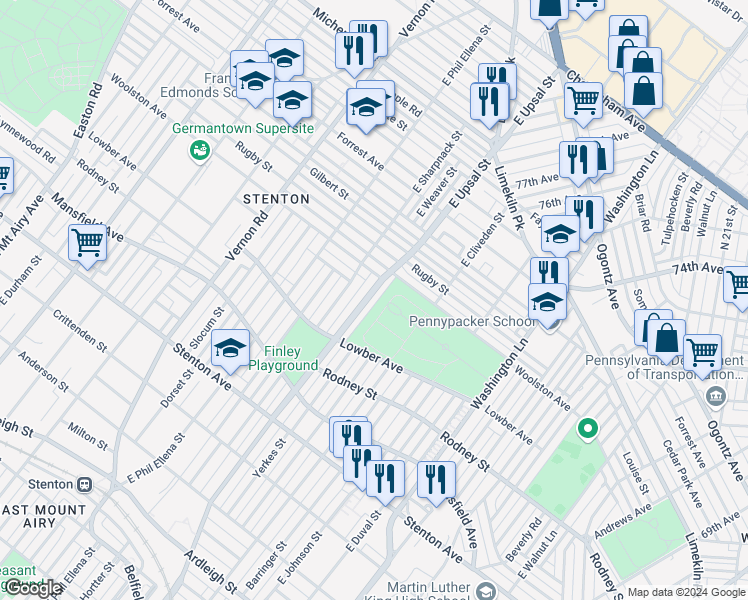 map of restaurants, bars, coffee shops, grocery stores, and more near 1170 East Upsal Street in Philadelphia