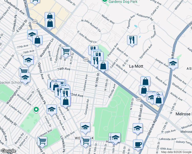 map of restaurants, bars, coffee shops, grocery stores, and more near 7334 North 19th Street in Philadelphia
