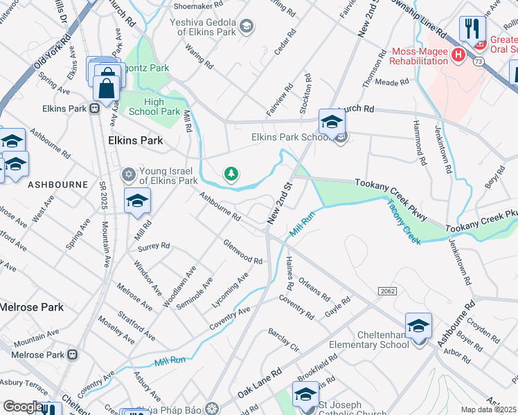 map of restaurants, bars, coffee shops, grocery stores, and more near 1235 Ashbourne Road in Elkins Park