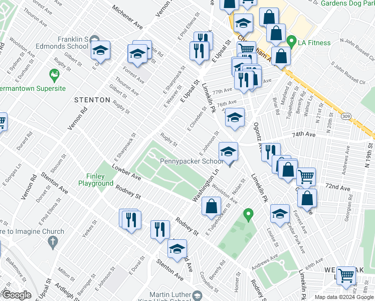 map of restaurants, bars, coffee shops, grocery stores, and more near 7529 Rugby Street in Philadelphia