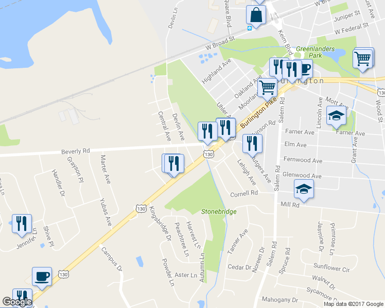 map of restaurants, bars, coffee shops, grocery stores, and more near 5 Devlin Avenue in Burlington