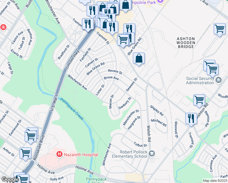 map of restaurants, bars, coffee shops, grocery stores, and more near 8830 Macon St in Philadelphia