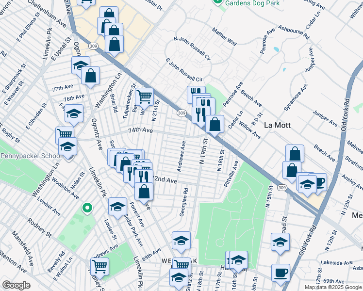 map of restaurants, bars, coffee shops, grocery stores, and more near 1950 Penfield Street in Philadelphia