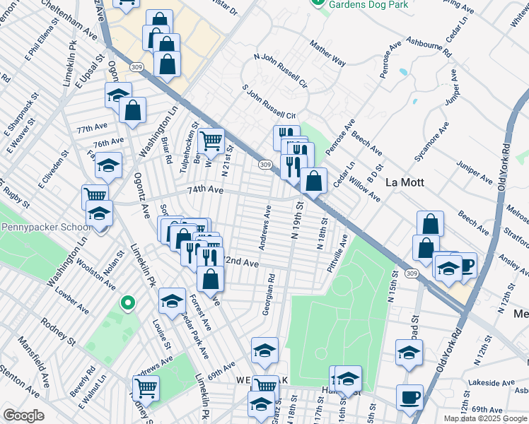 map of restaurants, bars, coffee shops, grocery stores, and more near 1952 Penfield Street in Philadelphia