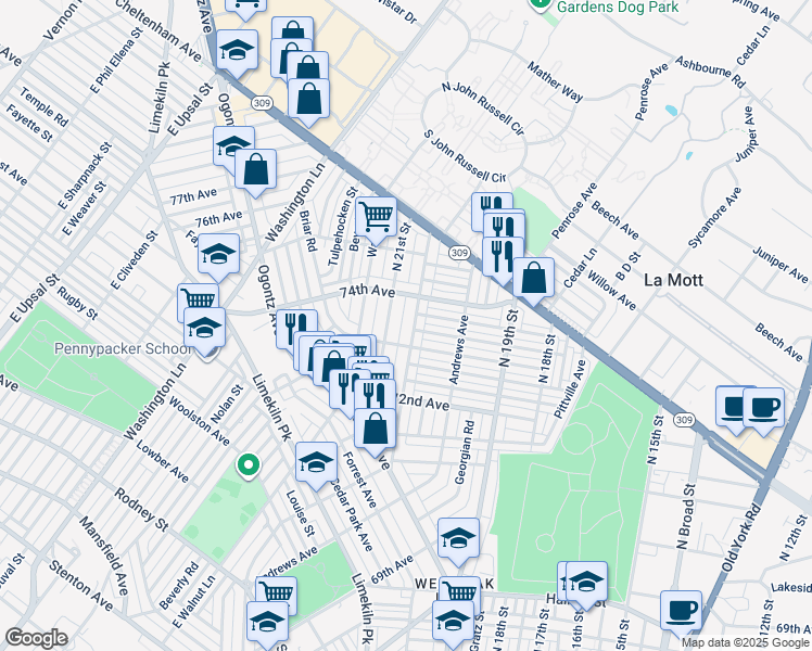 map of restaurants, bars, coffee shops, grocery stores, and more near 7324 North 20th Street in Philadelphia