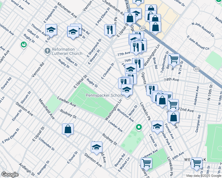 map of restaurants, bars, coffee shops, grocery stores, and more near 7501 Gilbert Street in Philadelphia