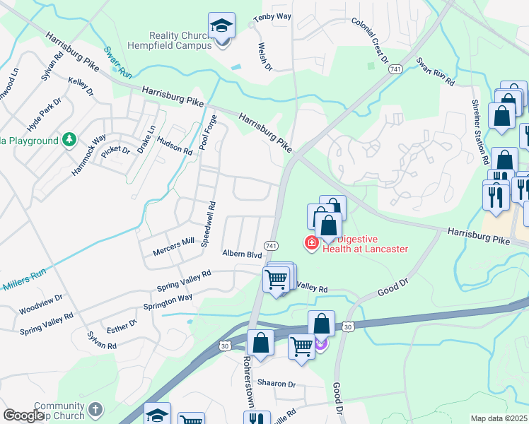 map of restaurants, bars, coffee shops, grocery stores, and more near 3036 Albern Blvd in Lancaster