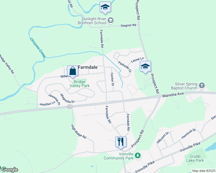 map of restaurants, bars, coffee shops, grocery stores, and more near 873 Farmdale Road in Mount Joy