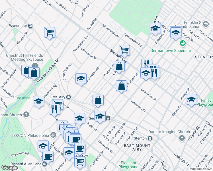 map of restaurants, bars, coffee shops, grocery stores, and more near 430 East Allens Lane in Philadelphia