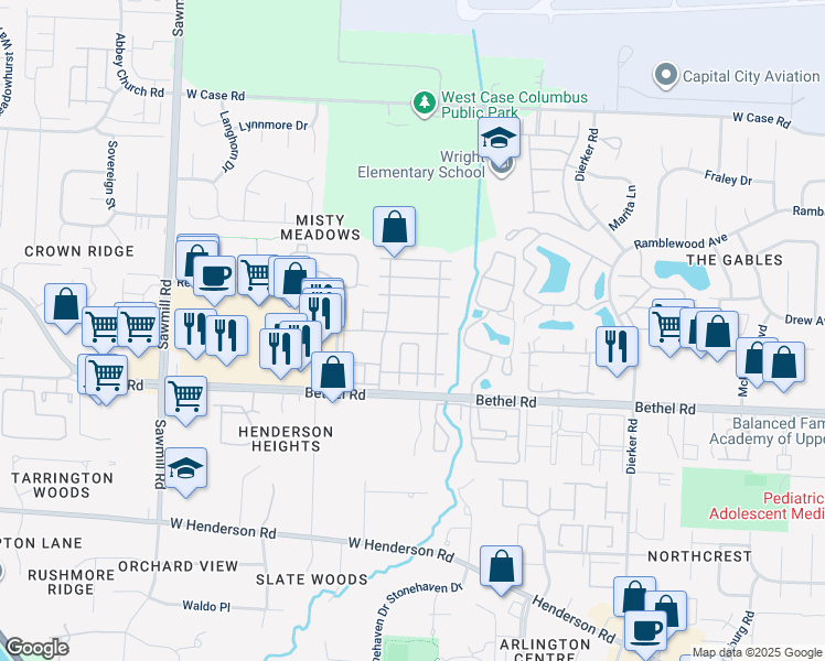 map of restaurants, bars, coffee shops, grocery stores, and more near 2514 Gardenia Drive in Columbus