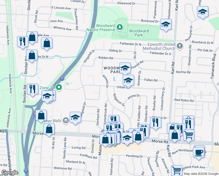 map of restaurants, bars, coffee shops, grocery stores, and more near 1213 Urban Drive in Columbus
