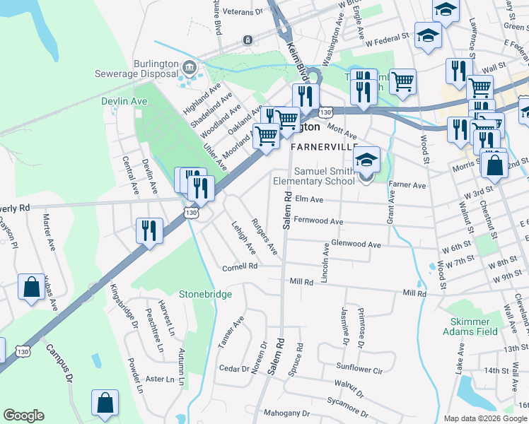 map of restaurants, bars, coffee shops, grocery stores, and more near 930 Temple Avenue in Burlington