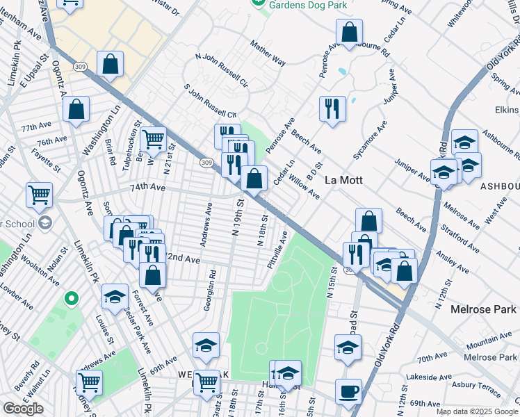 map of restaurants, bars, coffee shops, grocery stores, and more near 1800 West Cheltenham Avenue in Philadelphia